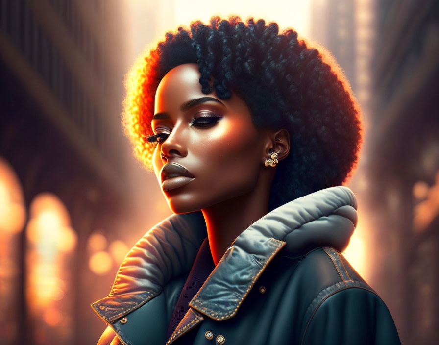 Woman with Afro Hair in Stylish Jacket in Urban Setting