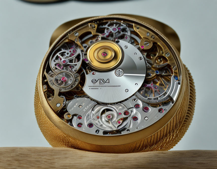 Detailed Close-Up of Sophisticated Watch Movement in Gold-Toned Frame