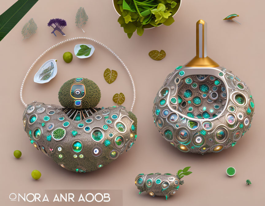 Ornamented spherical objects with intricate designs and a robot-like figure in artistic image