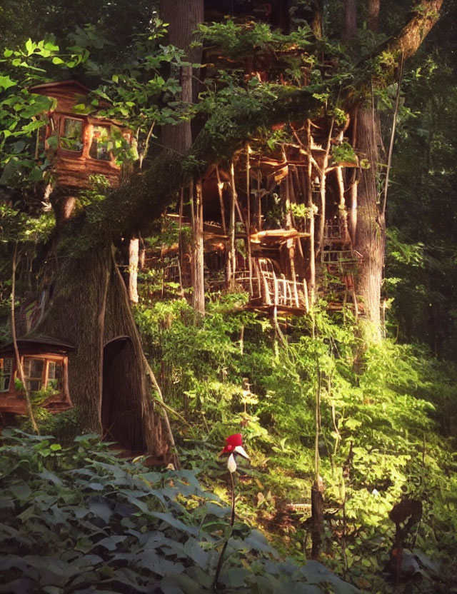 Enchanting Treehouse in Lush Forest with Intricate Wooden Structures