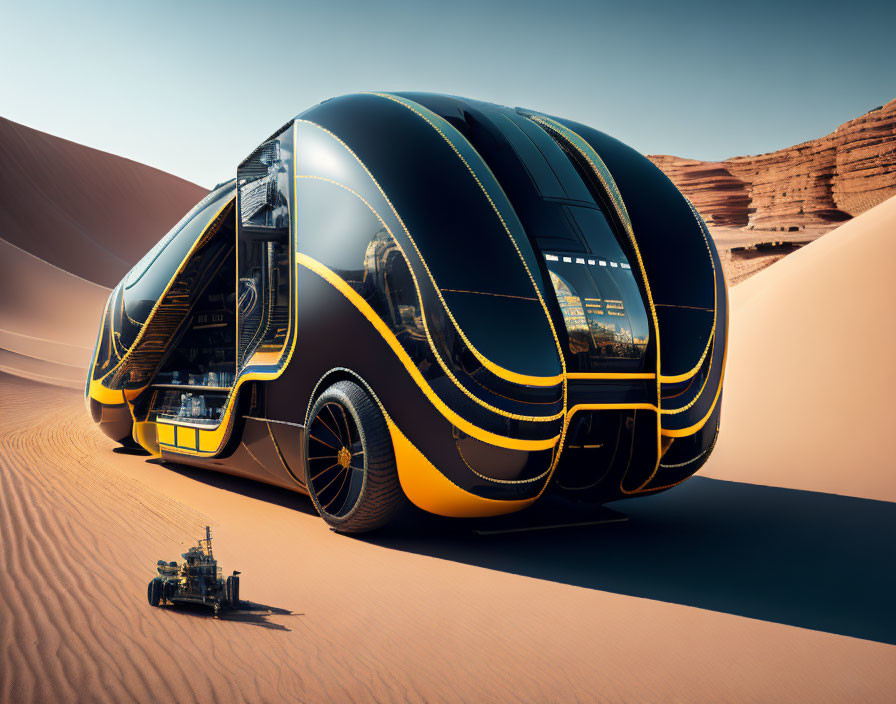 Futuristic black and gold autonomous RV in desert with small rover