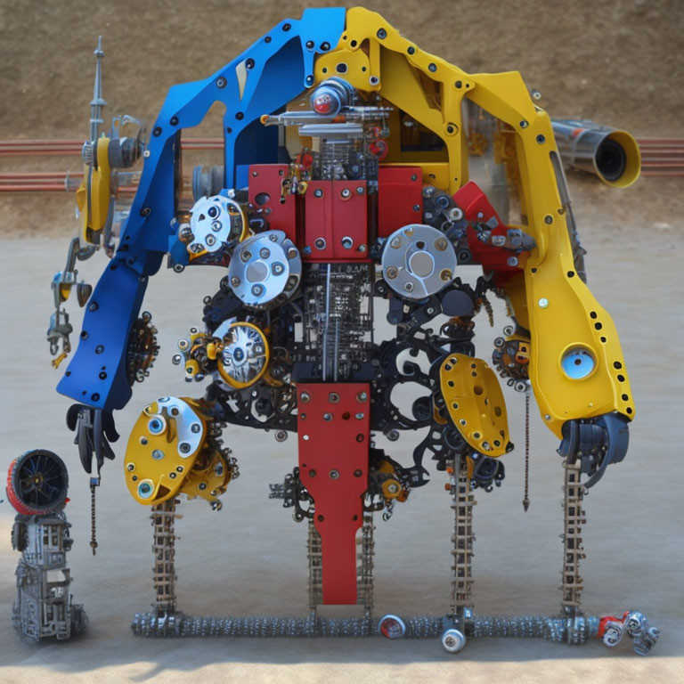 Colorful mechanical bird-like robot with exposed gears next to smaller robot on sandy surface