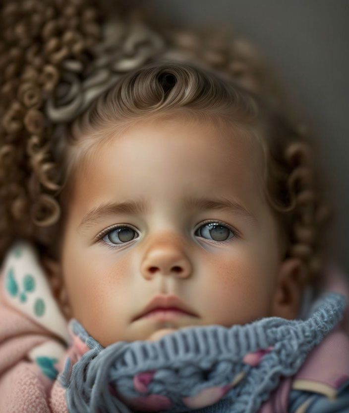 Young child with curly hair and blue eyes wrapped in knitted blanket