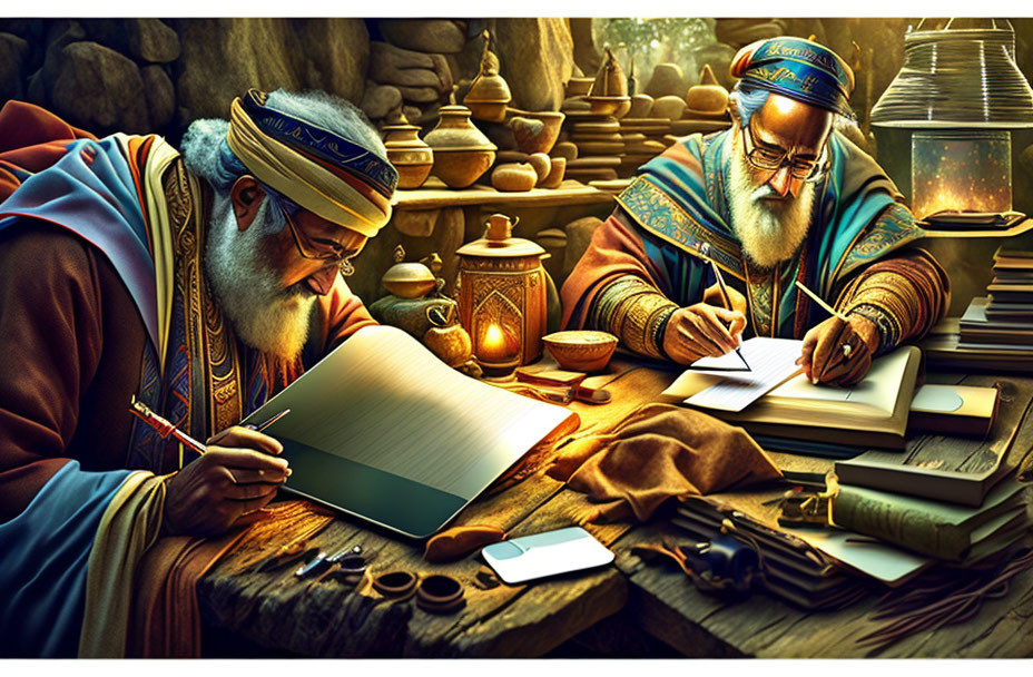 Elderly bearded men in traditional robes writing in old-world workshop