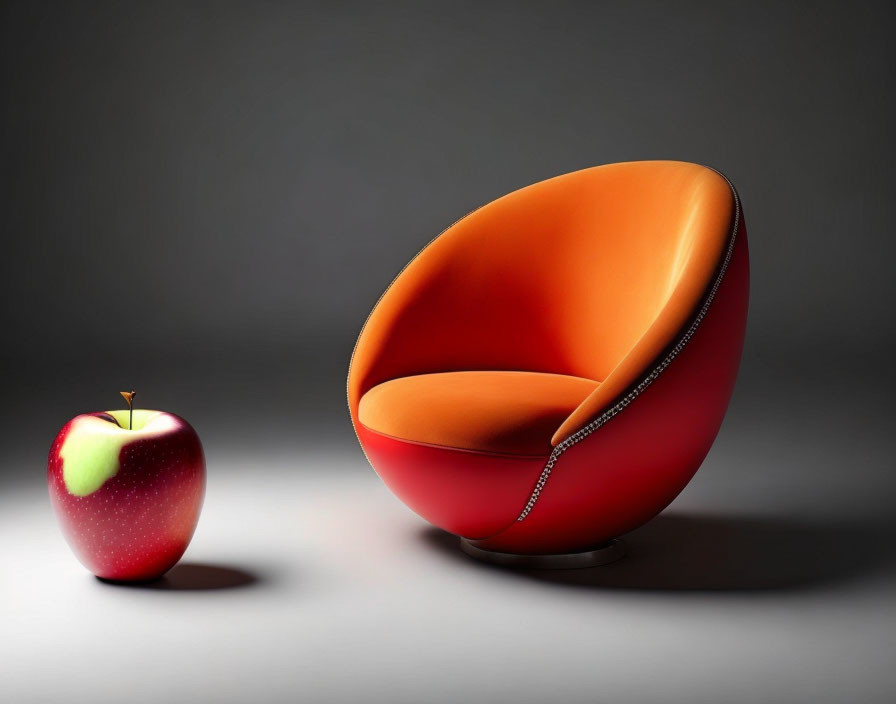 Red Apple Beside Modern Orange Swivel Chair on Grey Background