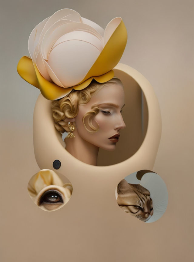 Surreal portrait of woman with disjointed features and rose-like hat