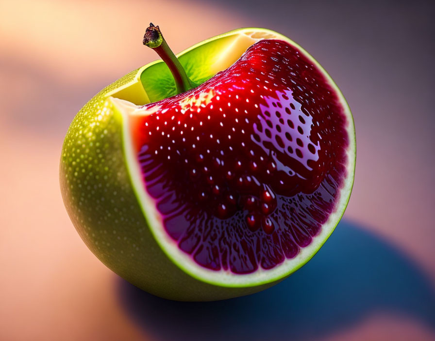 Surreal green apple with red fig-like interior under warm light