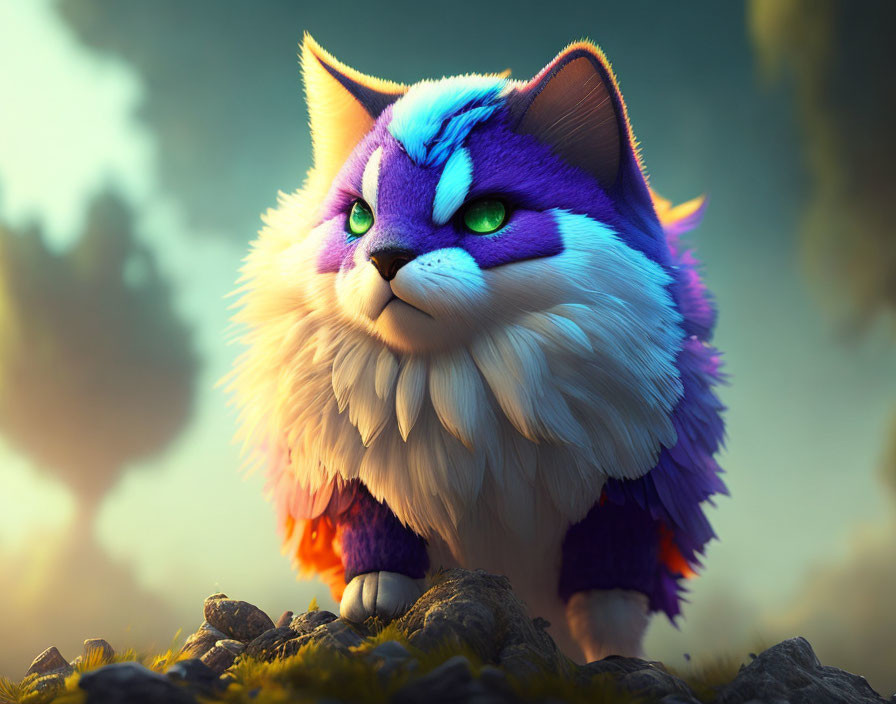 Colorful animated cat with green eyes in whimsical forest