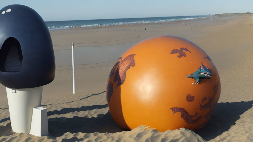 Whimsical oversized sculptures on sandy beach