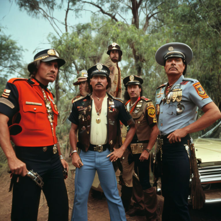 Men in Elaborate Police and Military Uniforms Posing with Vintage Car