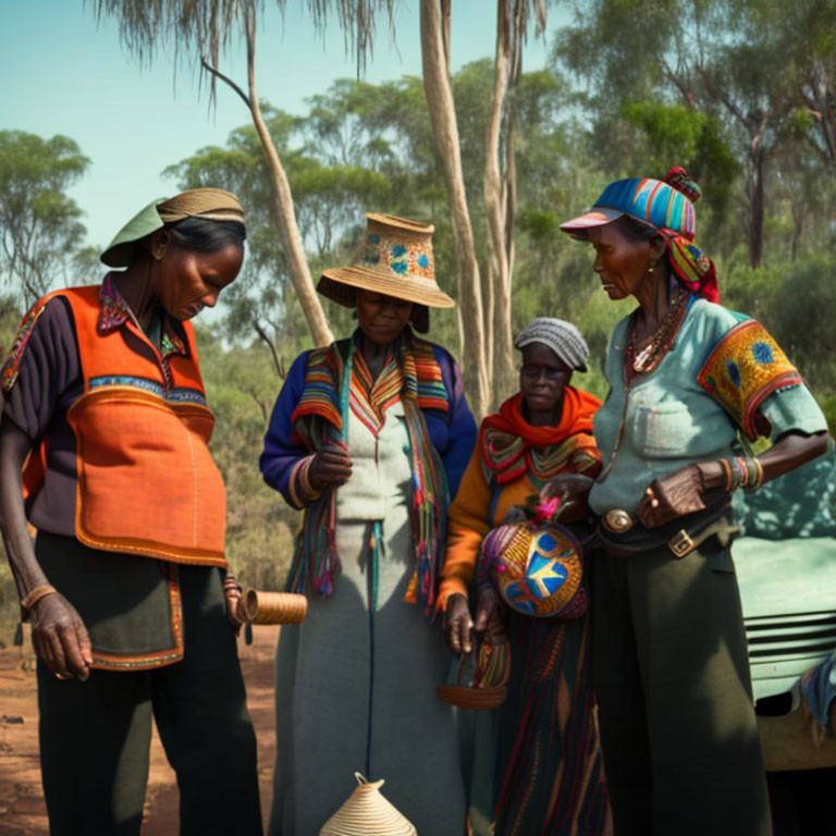 Four Women in Colorful Traditional Attire Outdoors with Handcrafted Objects