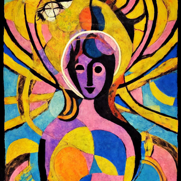 Vibrant abstract painting of feminine figure with halo-like background