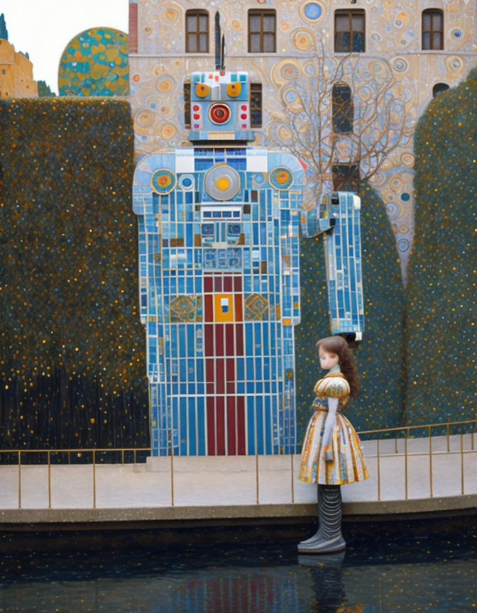 Patterned dress girl in front of whimsical robot-themed building with colorful mosaics.