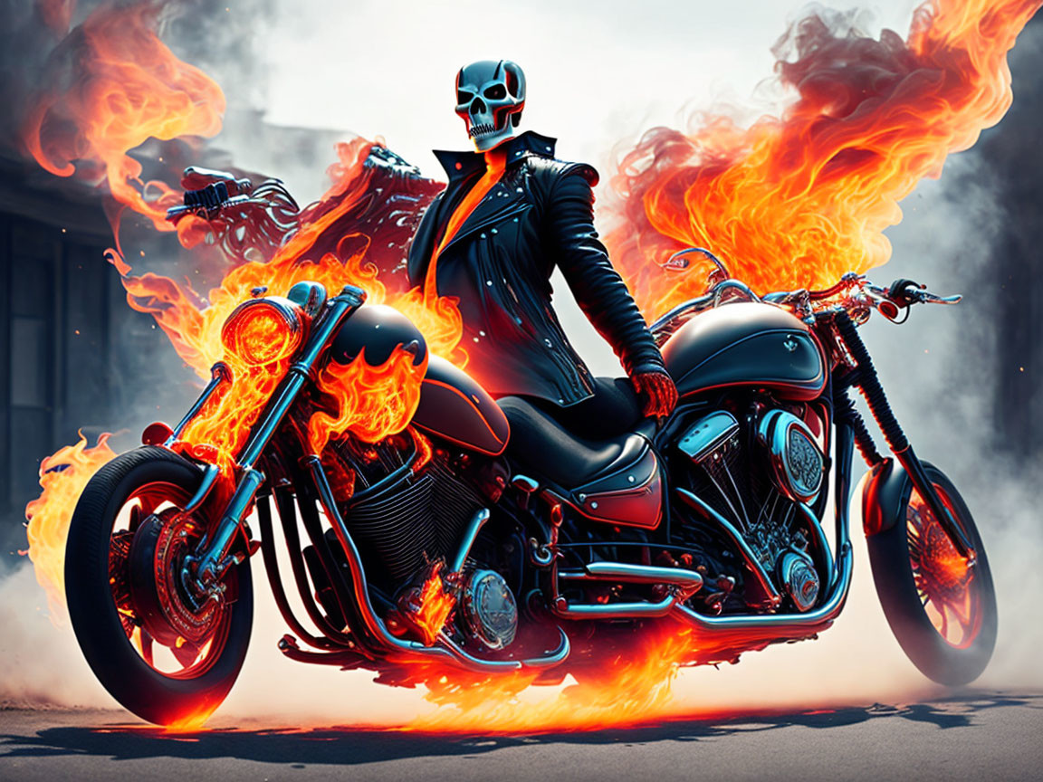 Person in skull mask on fiery motorcycle with flames.