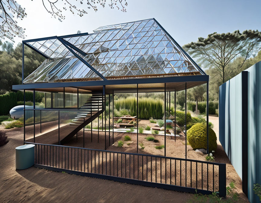 Geometric glass roof greenhouse in landscaped garden