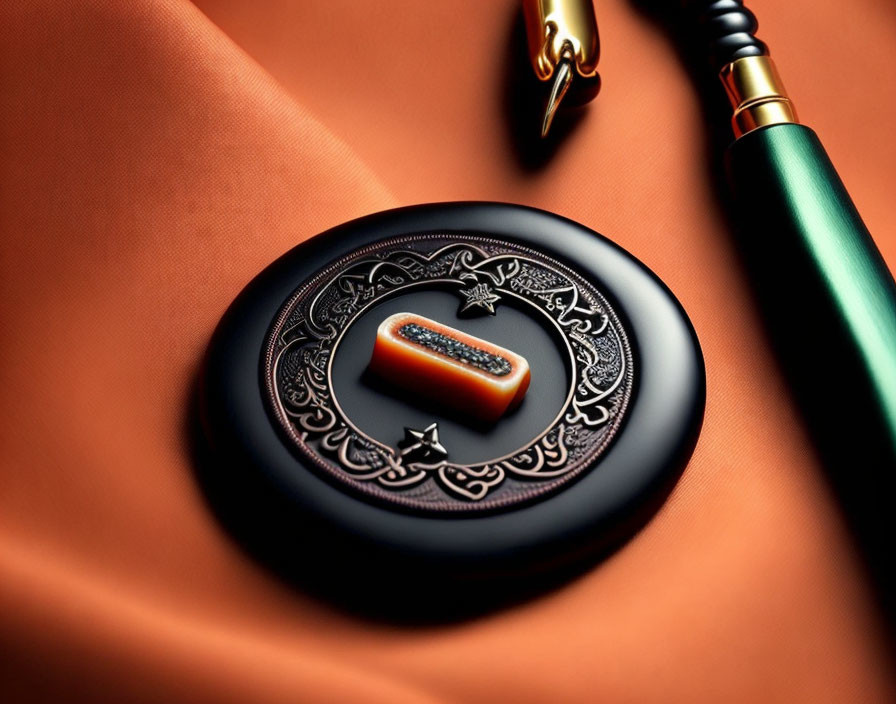 Black Wax Seal with Initial Impression on Orange Surface and Green Stamp