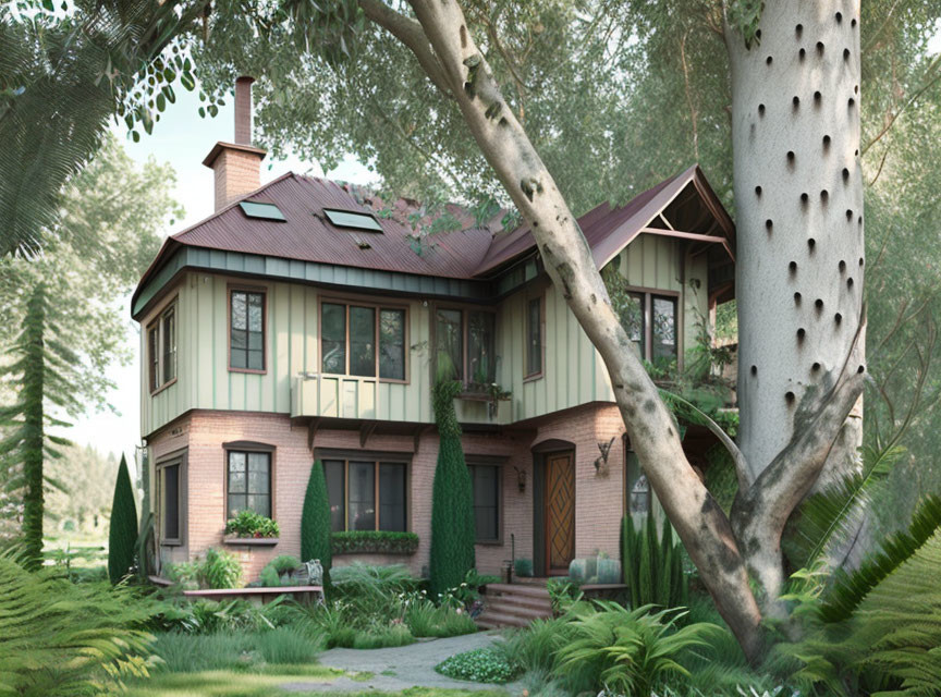 Two-story house with red roof, balcony, and chimney in forest setting