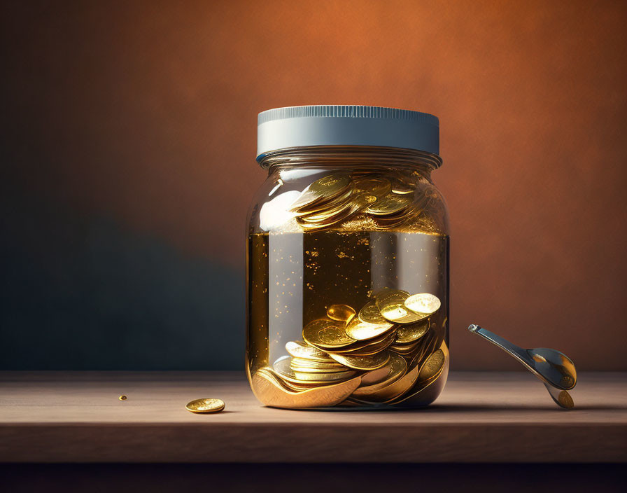 Shimmering gold coins in glass jar on wooden surface