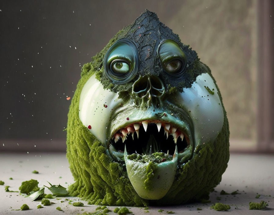 Monstrous green spherical creature with big eyes and sharp teeth