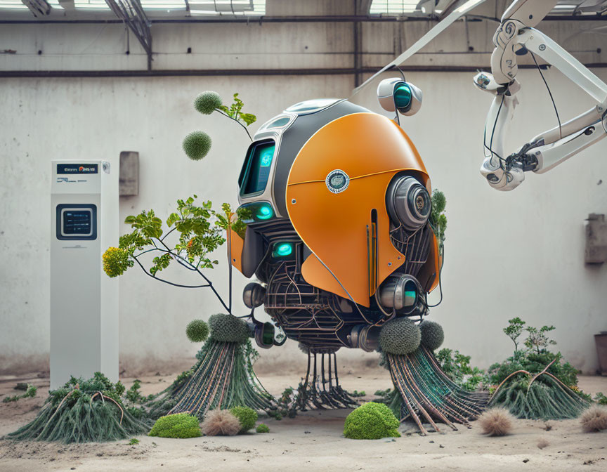 Futuristic robot with plant-like features in greenhouse setting