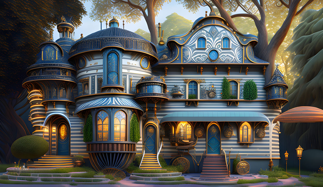 Fantasy mansion with blue and gold designs in lush forest landscape