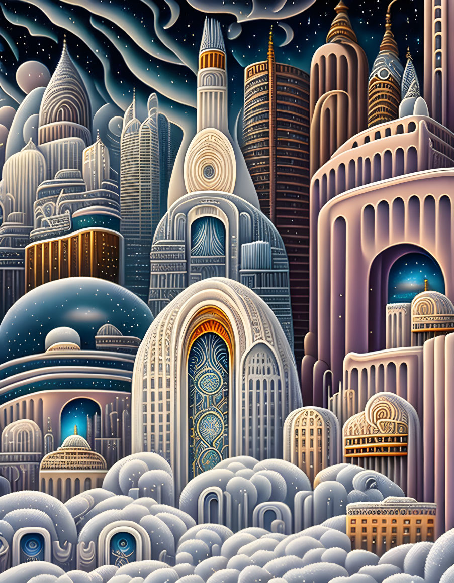 Fantasy cityscape with stylized buildings under starry sky