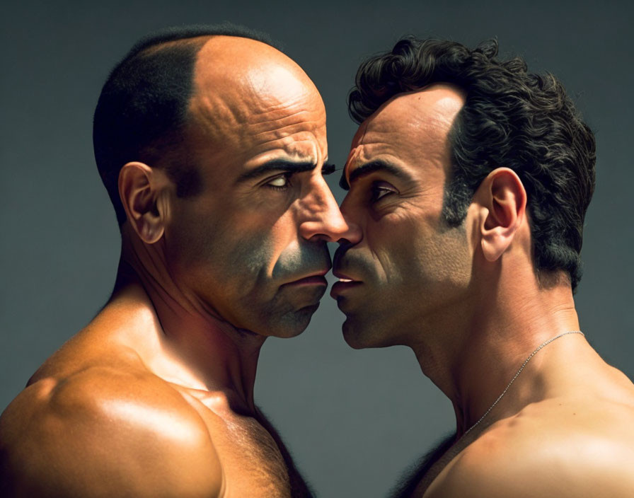 Identical Bald Muscular Men with Goatees Face Off on Grey Background