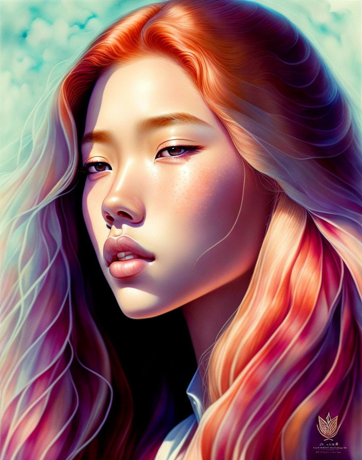 Digital portrait of a woman with pink-ombre hair and serene expression under soft cloud sky