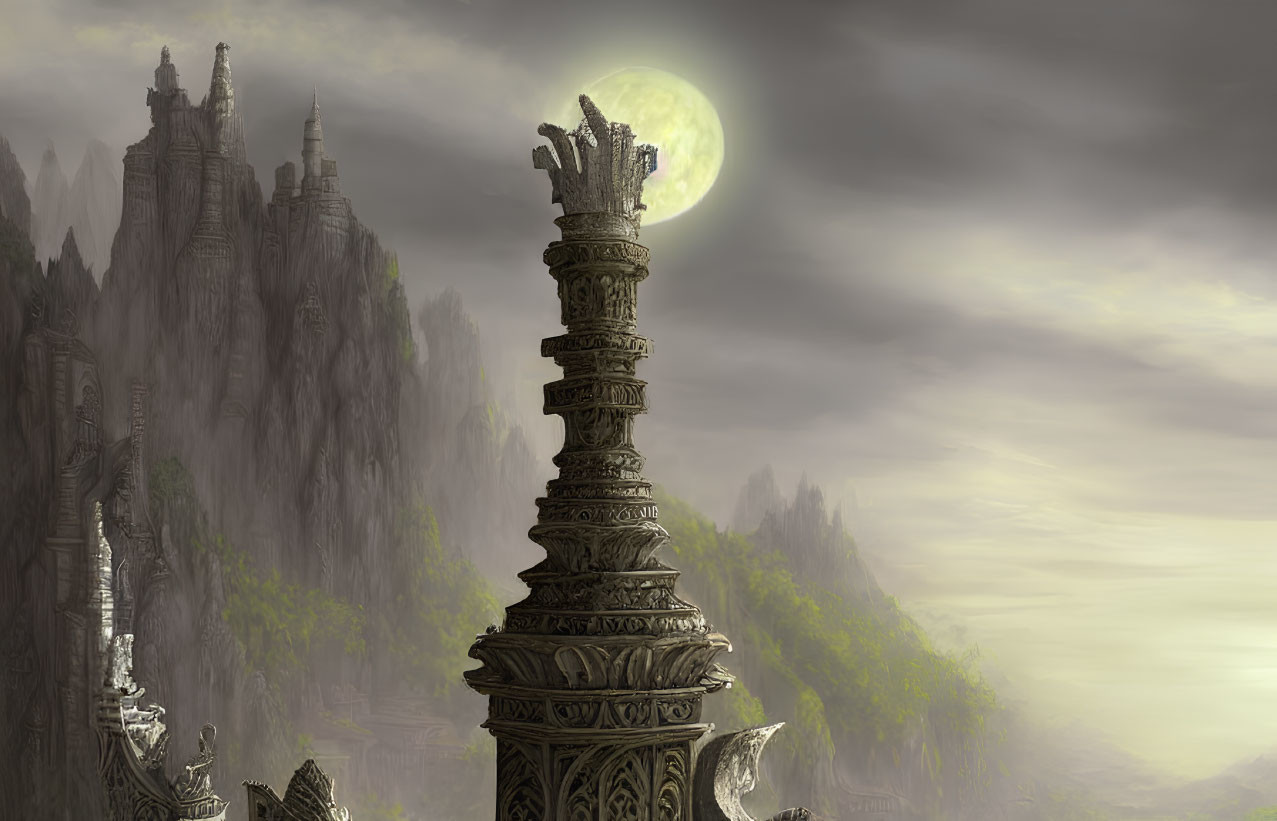 Towering spire against craggy cliffs in moonlit landscape