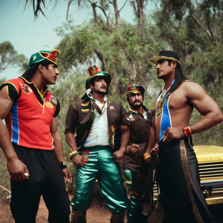 Colorful Wrestler Costumes Worn by Four Men in Forest Setting