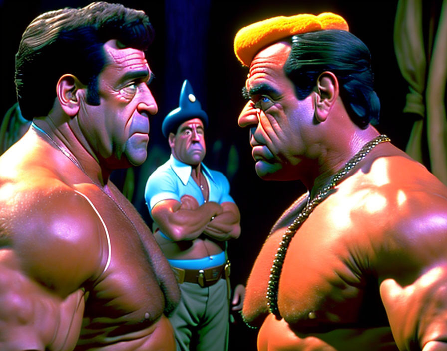 Muscular animated characters in intense face-off with smaller character in uniform observing