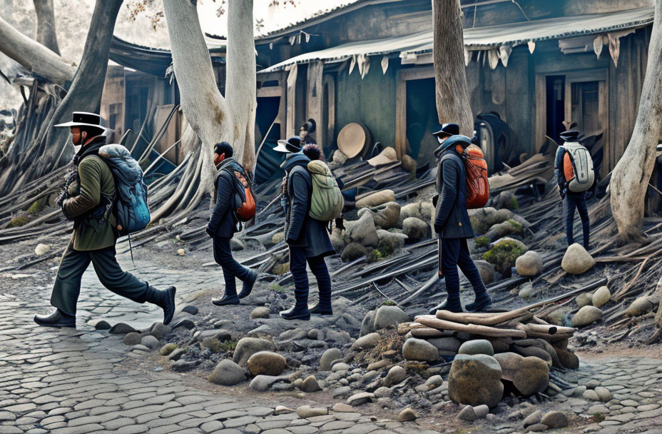 Group of Four Individuals Walking Through Rustic Village with Old Buildings and Leafless Trees