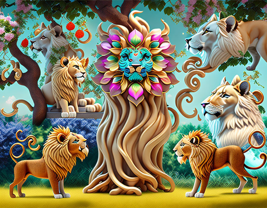 Vibrant lion illustration with animated tree and blooming flowers on cliff