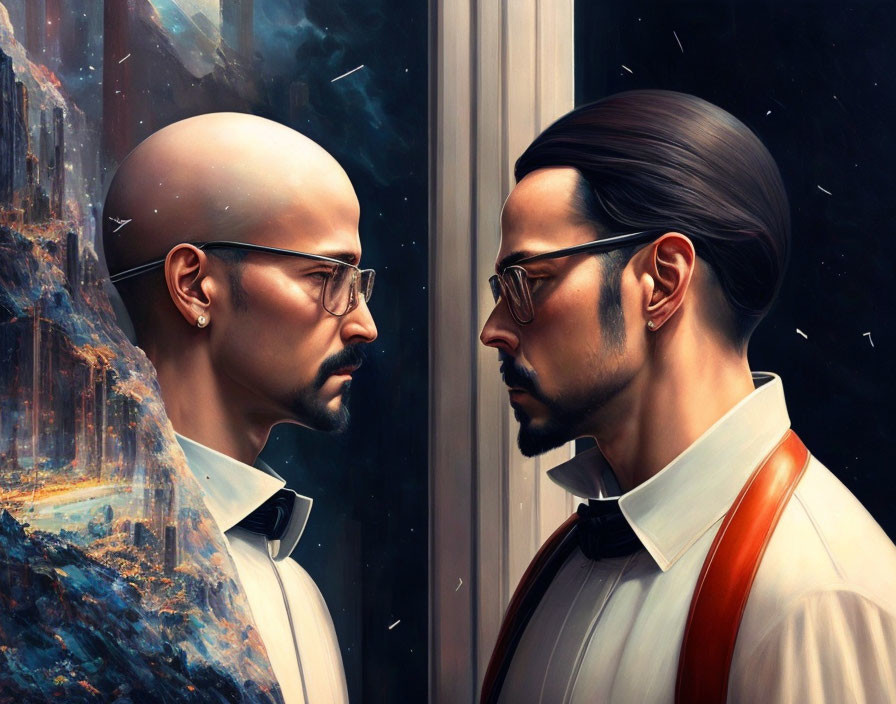 Two men in formal attire with glasses in digital art.