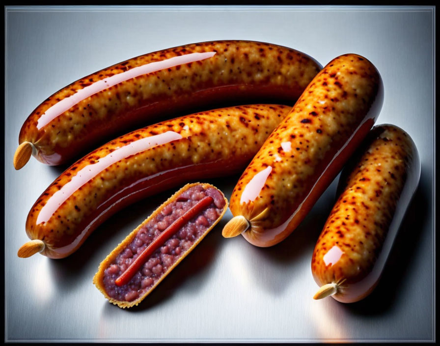 Grilled Sausages on Reflective Surface: Glistening and Sliced