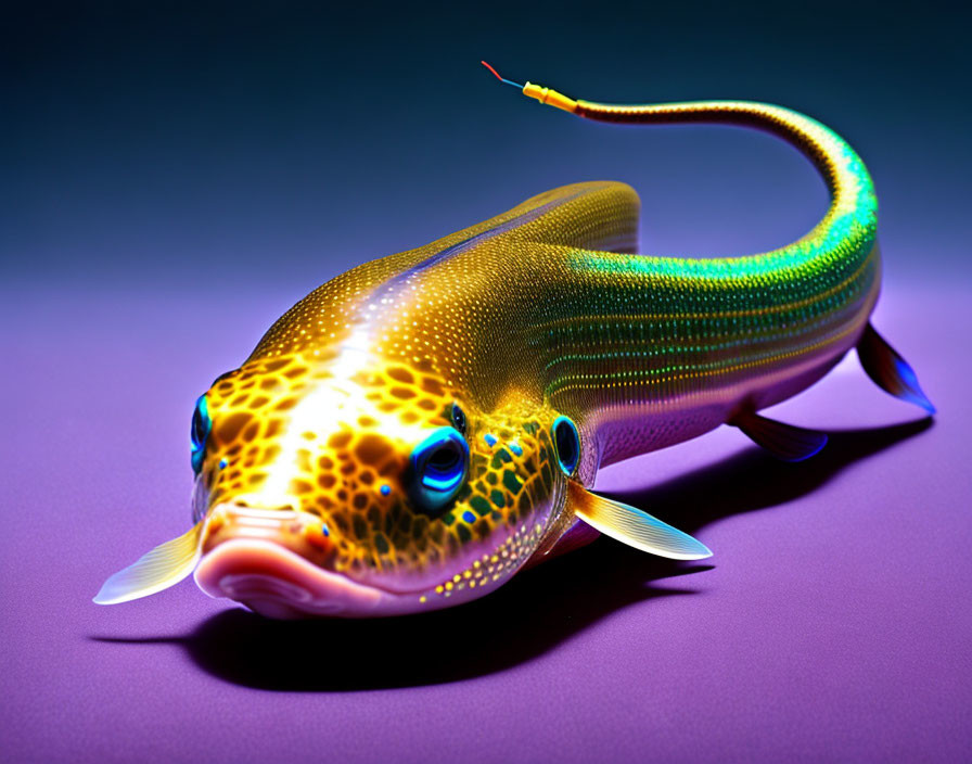 Colorful digital art: stylized fish with gradient body and glowing spots on purple backdrop