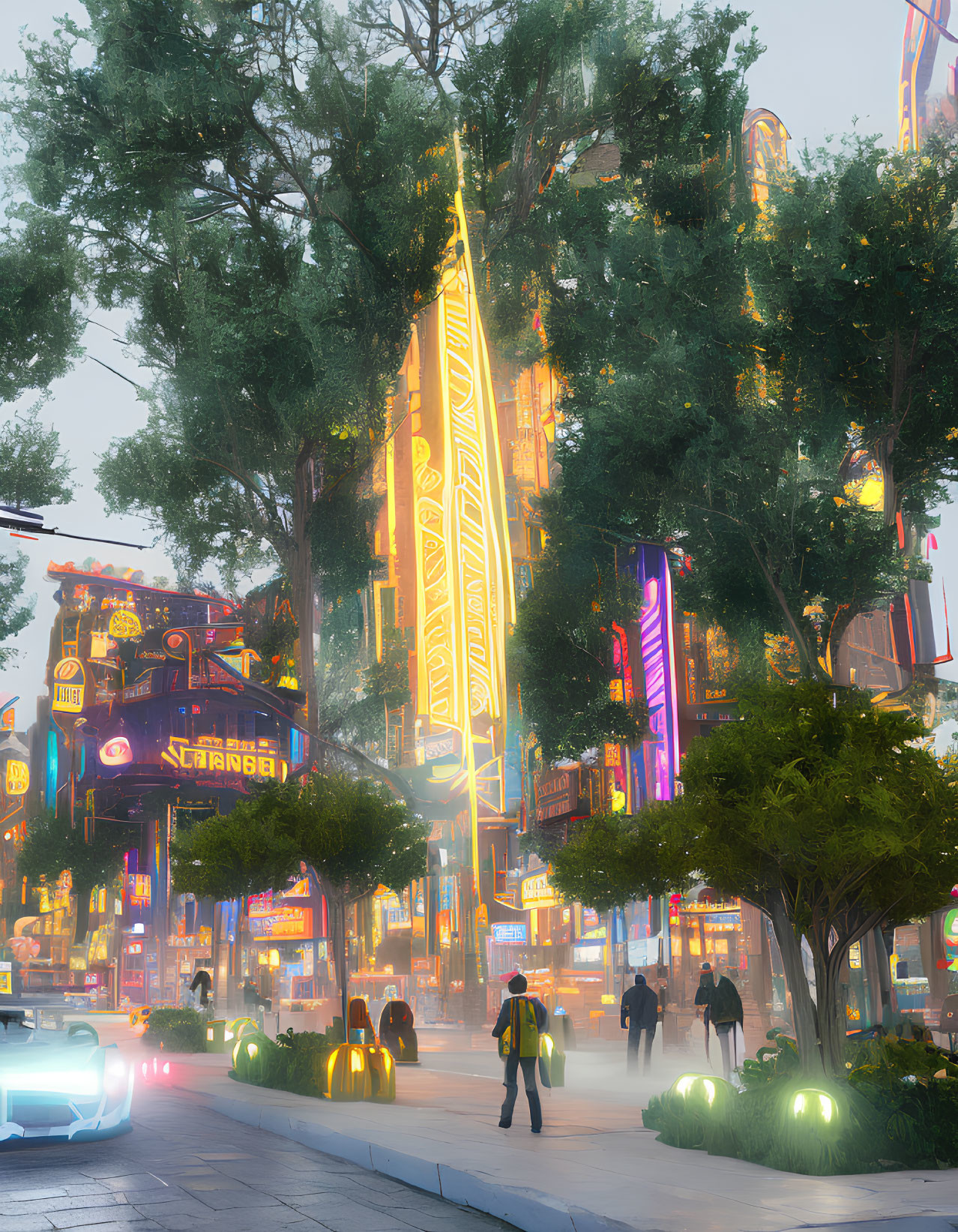 Foggy urban street at dusk with neon signs, people, cars, trees, and street lamps