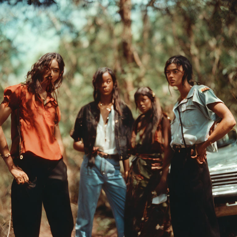 Four young people in vintage fashion style pose confidently in a forest next to a classic car