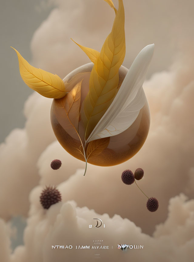 Yellow and White Leaves Floating Around Translucent Sphere on Cloudy Background