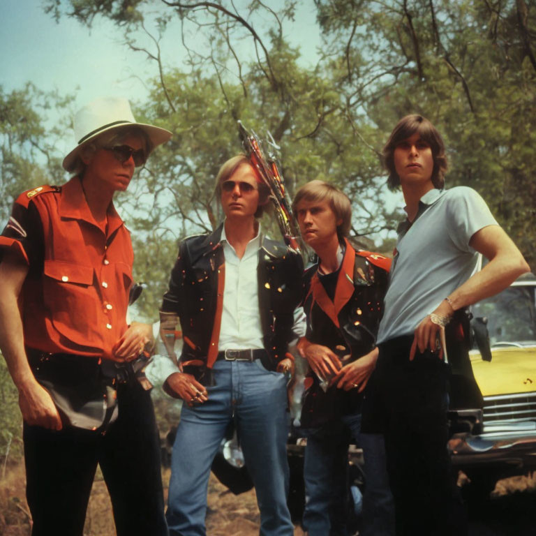 Four men in red shirts and hats pose by vintage car outdoors