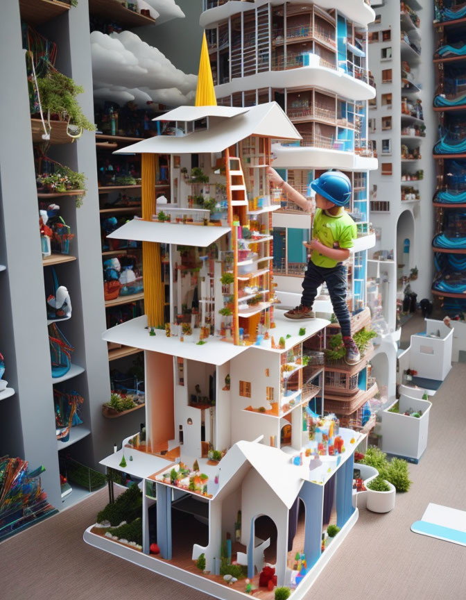 Child Balancing on Model Skyscraper in Colorful Cityscape