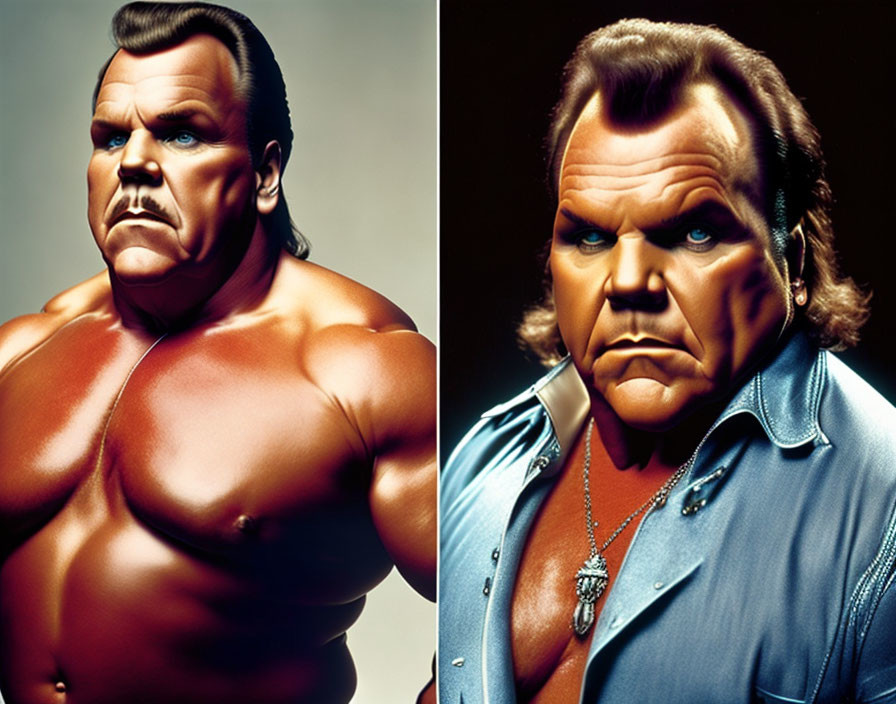 Stylized animated character with exaggerated muscles and stern expression in split-image.