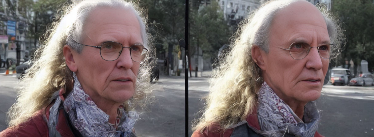 Elderly person with long gray hair and glasses in red jacket outdoors