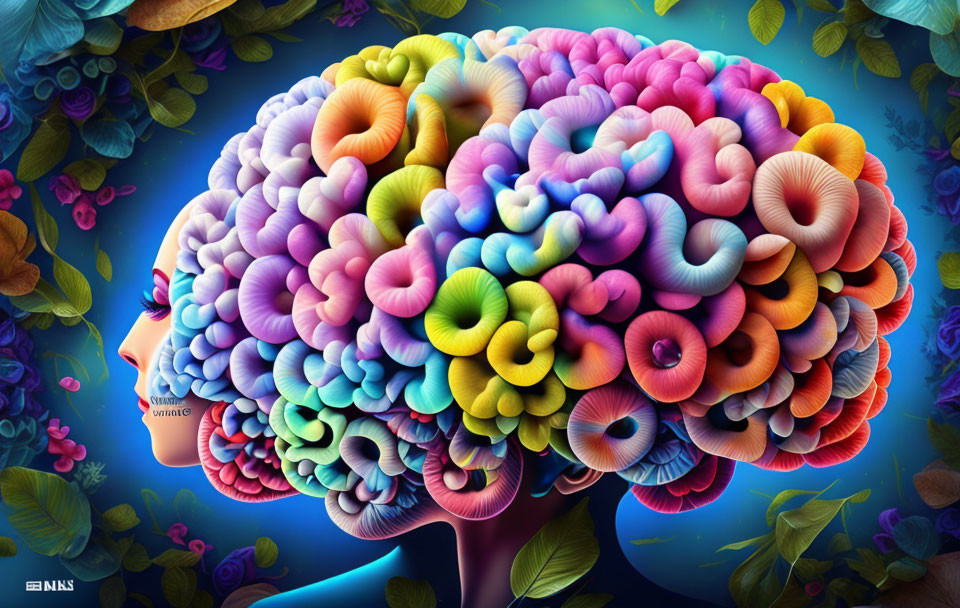 Vibrant human brain artwork with floral patterns on dark background