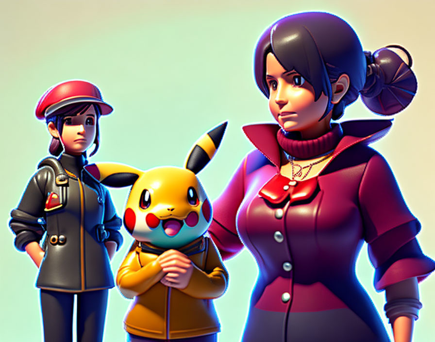 Animated Characters: Female Officer, Pikachu, Woman with Necklace and Earrings