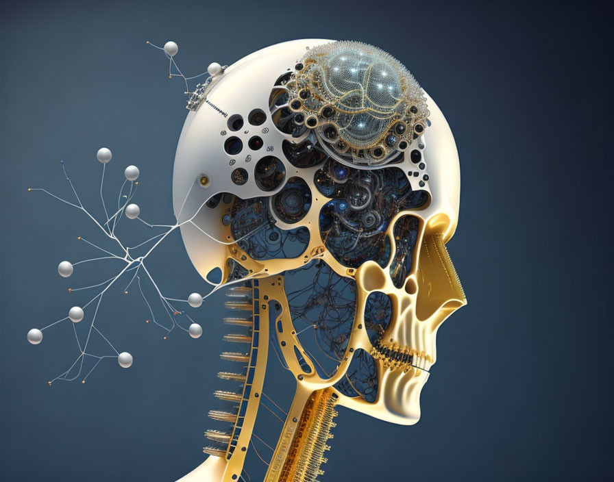 Human skull with mechanical & electronic components symbolizing biology & technology.