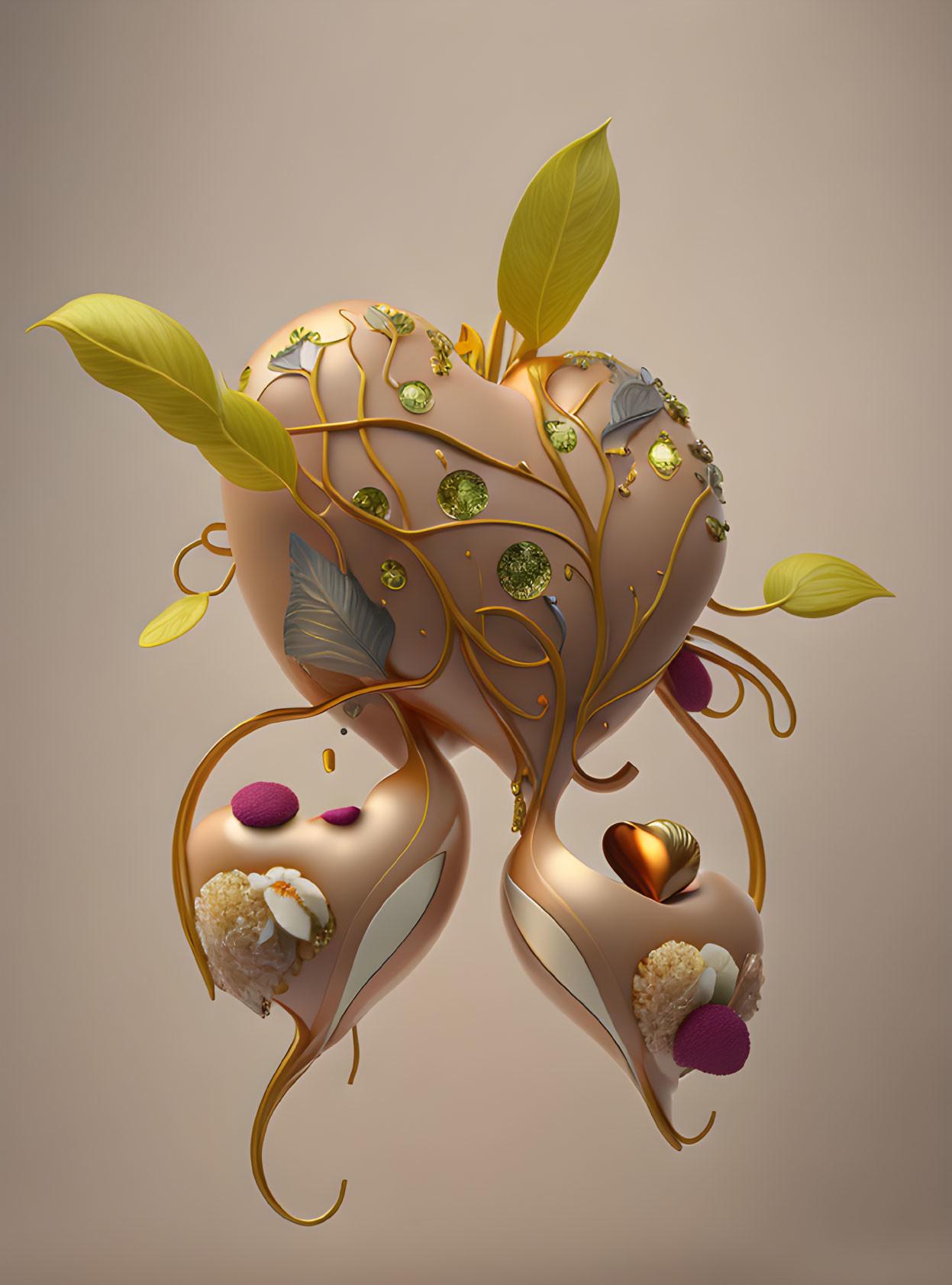 Artistic Human-like Organs with Golden Flourishes on Tan Background