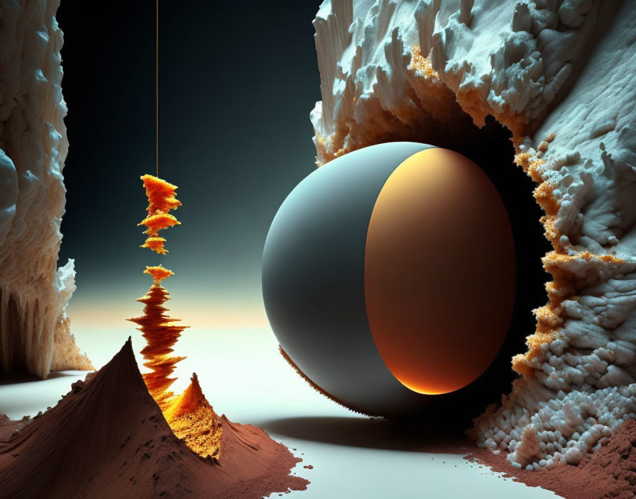 Enormous sphere and glowing spire in surreal rocky landscape