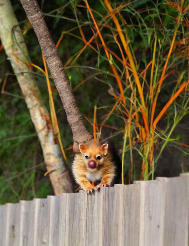 Wide-eyed ring-tailed possum peeking over wooden fence with foliage.