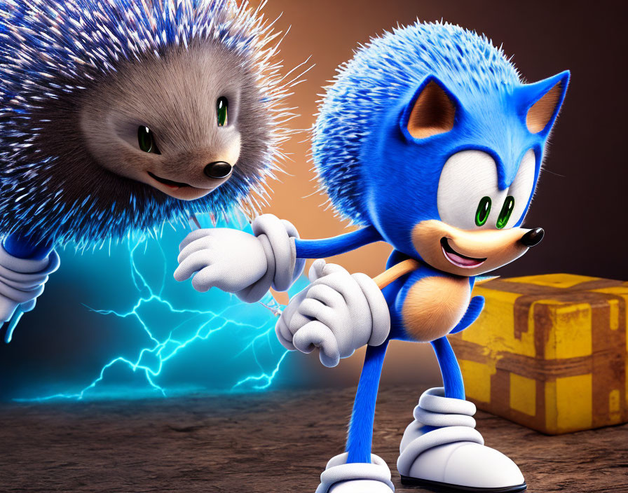 Realistic Sonic the Hedgehog 3D rendering with lightning bolt and yellow chest